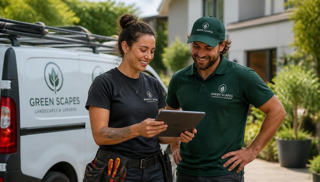 Deux dirigeants du réseau devant leur véhicule, tablette en main